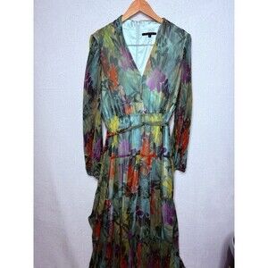 Alex Marie Women's Lime Green Floral Dress Maxi  Lined Size 12 Pleated Gorgeous